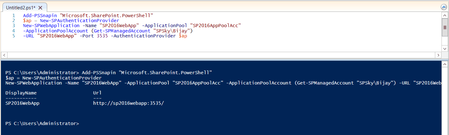 PowerShell create web application in SharePoint 2016