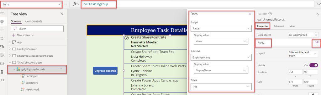 ungroup collection items in a power apps gallery