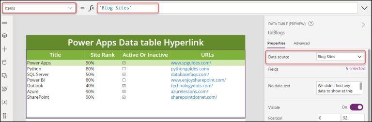 Power Apps Data Table URL