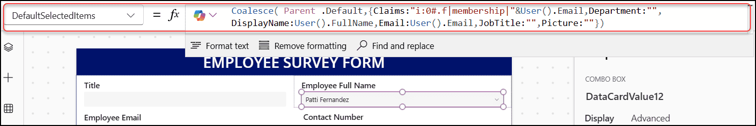 Show Power Apps current user name in a combo box control