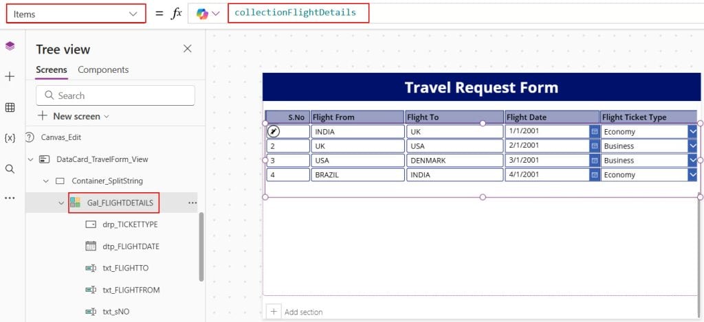 add new line items to repeating tables in power apps canvas app