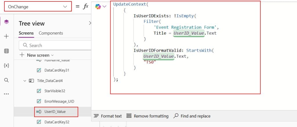 how to validate user id field in power apps form