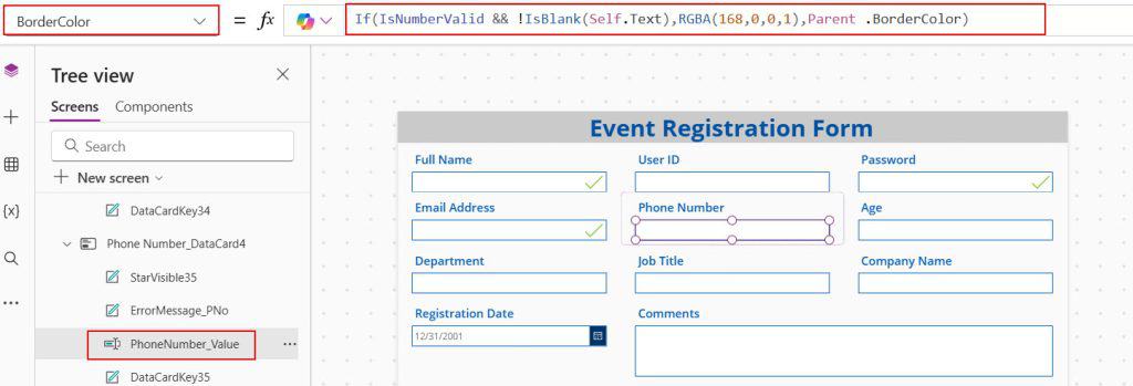 phone number format validation in powerapps