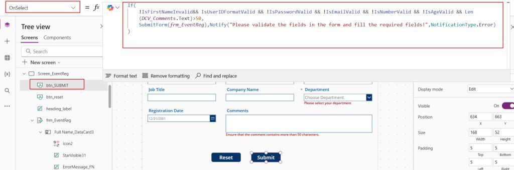 power apps validate form before submit