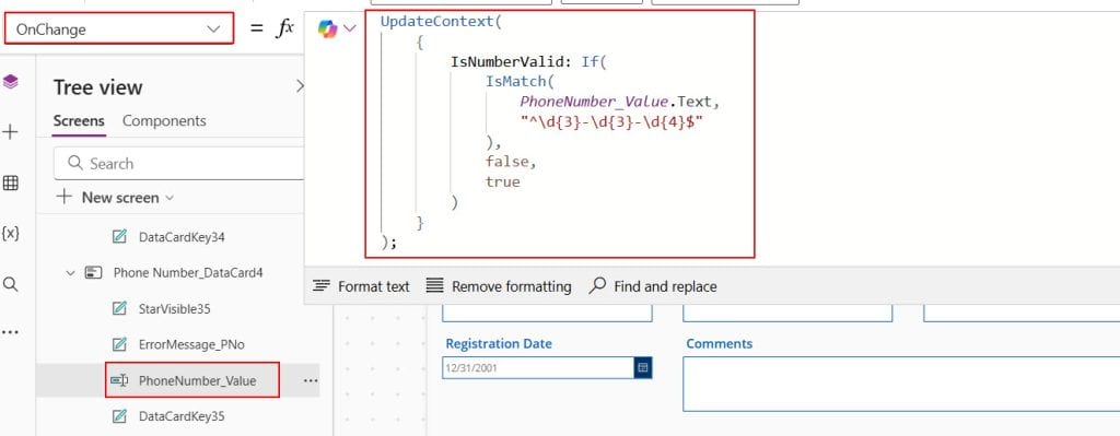 powerapps phone number format validation