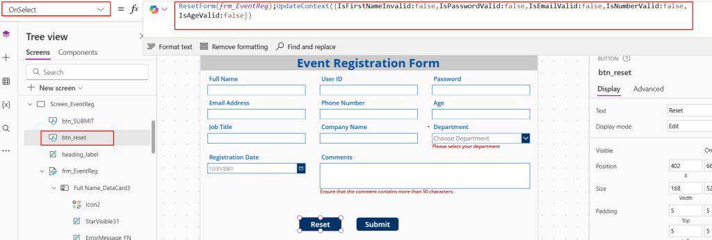 powerapps validate form reset before submit