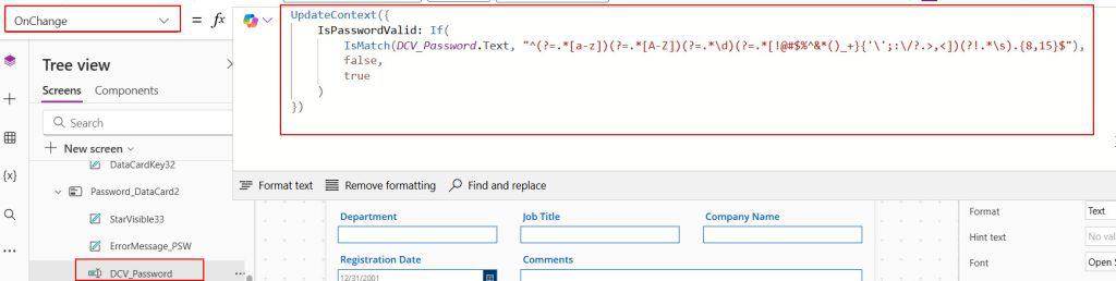 powerapps validate password field