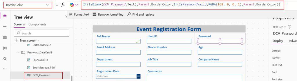 validation for password field in power apps forms