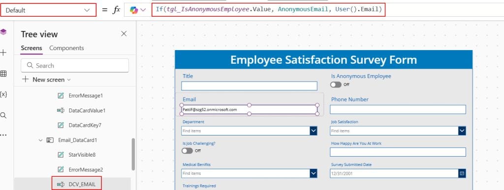 convert current user email to anonymous email powerapps