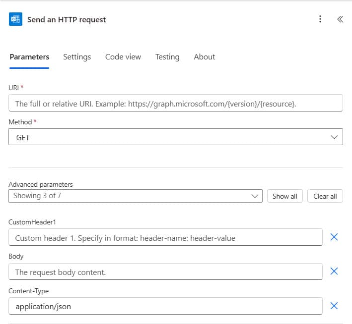 Power Automate OutIook Send an HTTP request 