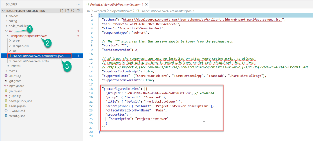 What is preconfiguredentries property for in spfx webpart
