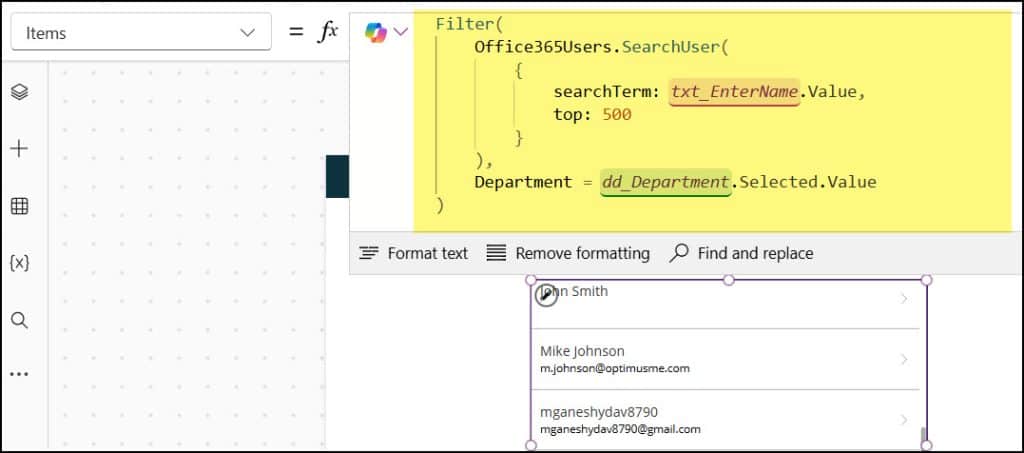 Search user in Power Apps