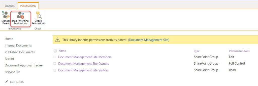 SharePoint Online interface showing library-level permission management