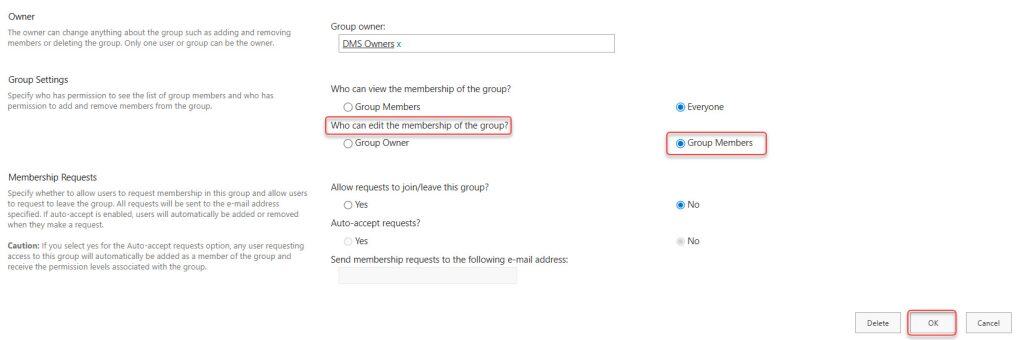 SharePoint site permissions settings showing limited access to group members SharePoint site permissions settings showing limited access to group members
