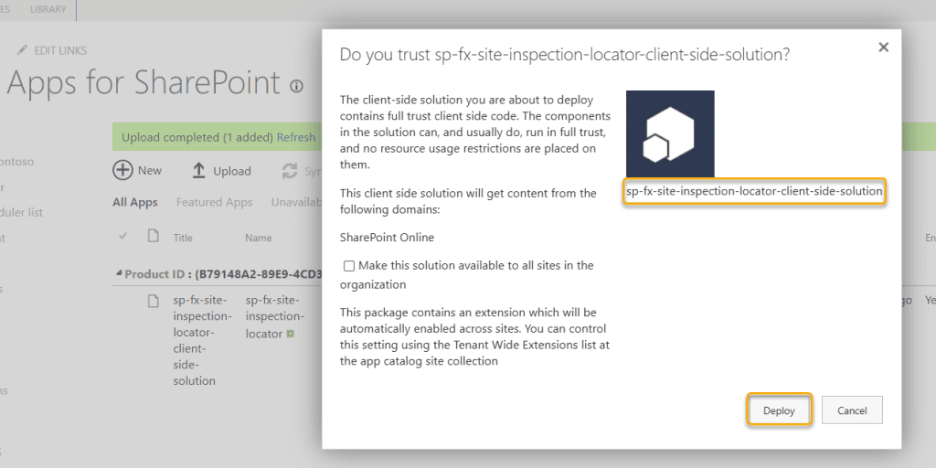 deploy spfx extension to site collection